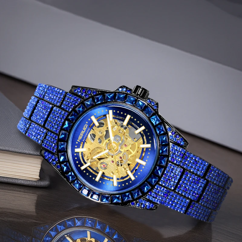 A Men's Blue Circular Business Carving Fully Automatic Mechanical Watch