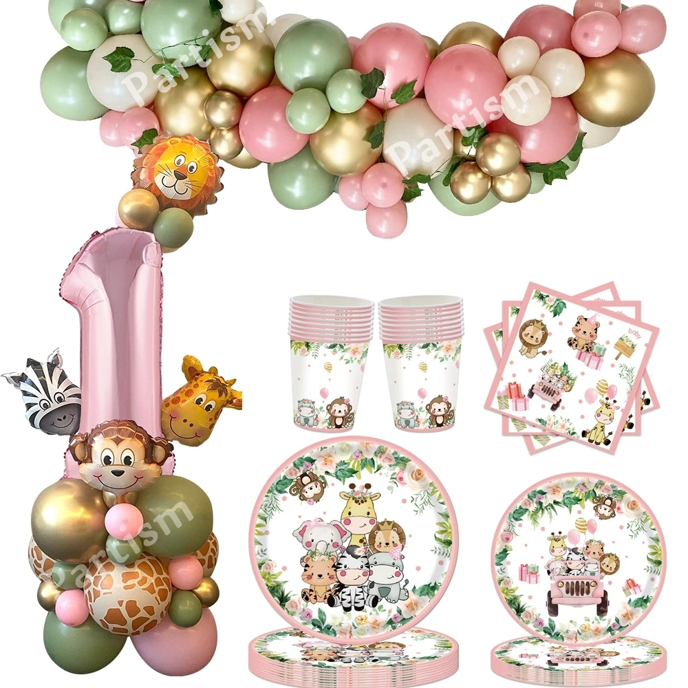 1SET Carton Wild Animal Balloon Tower with Pink Animal Tableware for Girl's Wild One Themed Jungle Birthday Party Decorations