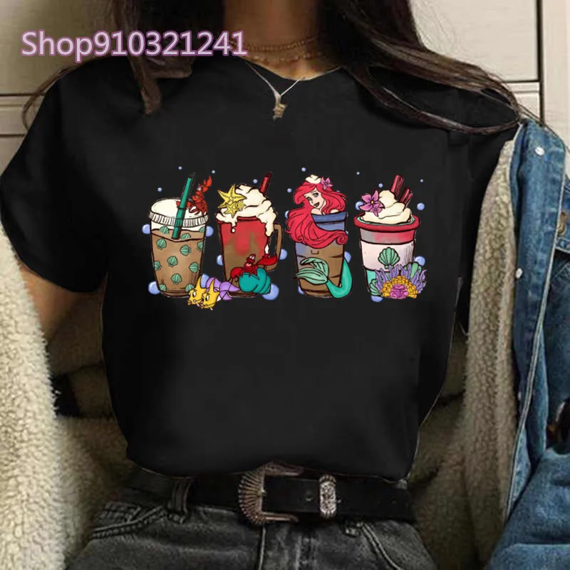 Cartoon Coffee Women T-Shirt Alice In Wonderland Print Princess T Shirt Femme Summer Tops Female T-shirt Graphic Black Shirt