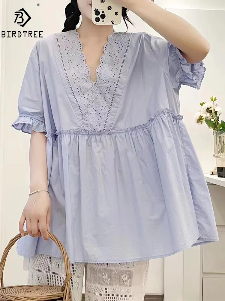 Summer Cotton Short Puff Sleeve Shirts, Woman VNecks Lace Tops, Sweet Girl Casual Fashion Loose Blouses, 2024 Autumn T47535QM