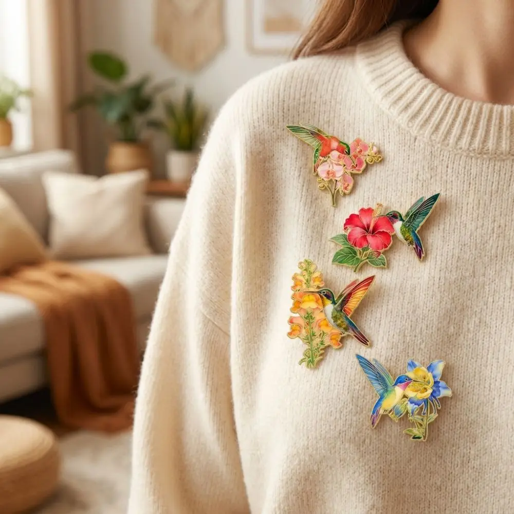 Zinc Alloy Hummingbird Flower Enamel Pin Colorful Vintage Metal Bird Floral Brooch Pin Chinese Style Gold Trim