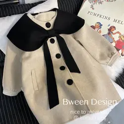 Korean Childrens Clothing Children Lapel Collar Bow Knot Long Sleeve Button Coat Girls Woolen Cloth Winter Season