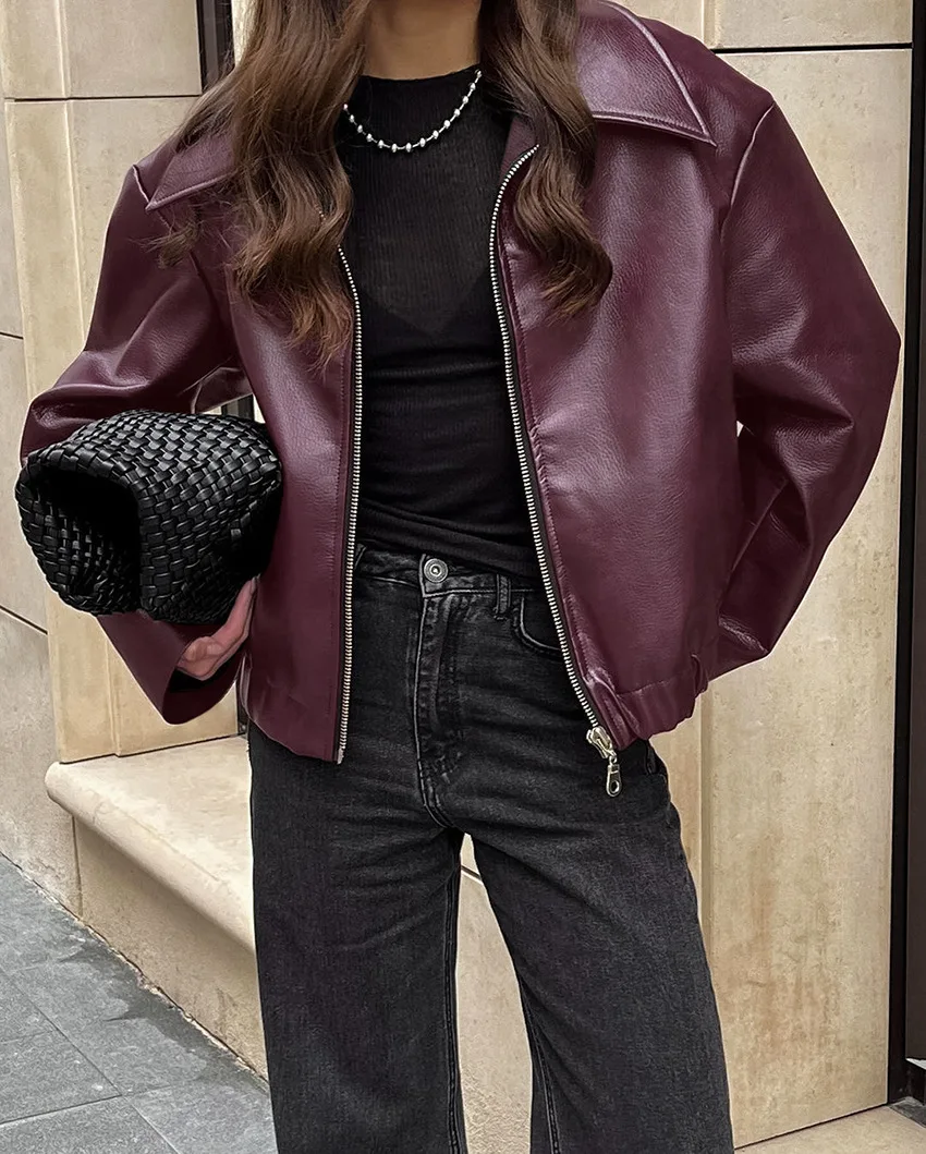 Vintage Motorcycle Style Wine Red Leather Jacket Women\'s Autumn Handsome Matte Streetwear Leather Jacket Jacket Women\'s Clothing