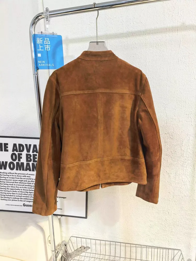 Streetwear Women Vintage Sheepskin Suede Motorcycle Jacket Stand Collar Genuine Leather Short Coat Zipper New Casual Outerwear