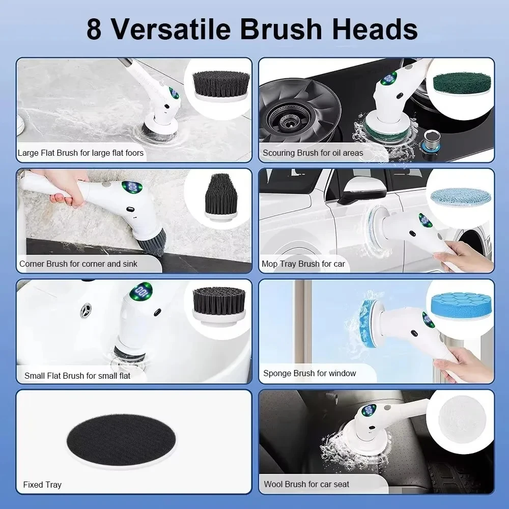 8-in-1 Multifunctional Electric Cleaning Brush Bathroom Kitchen Brush Cleaning With LED NightLight Rotatable Household Brush