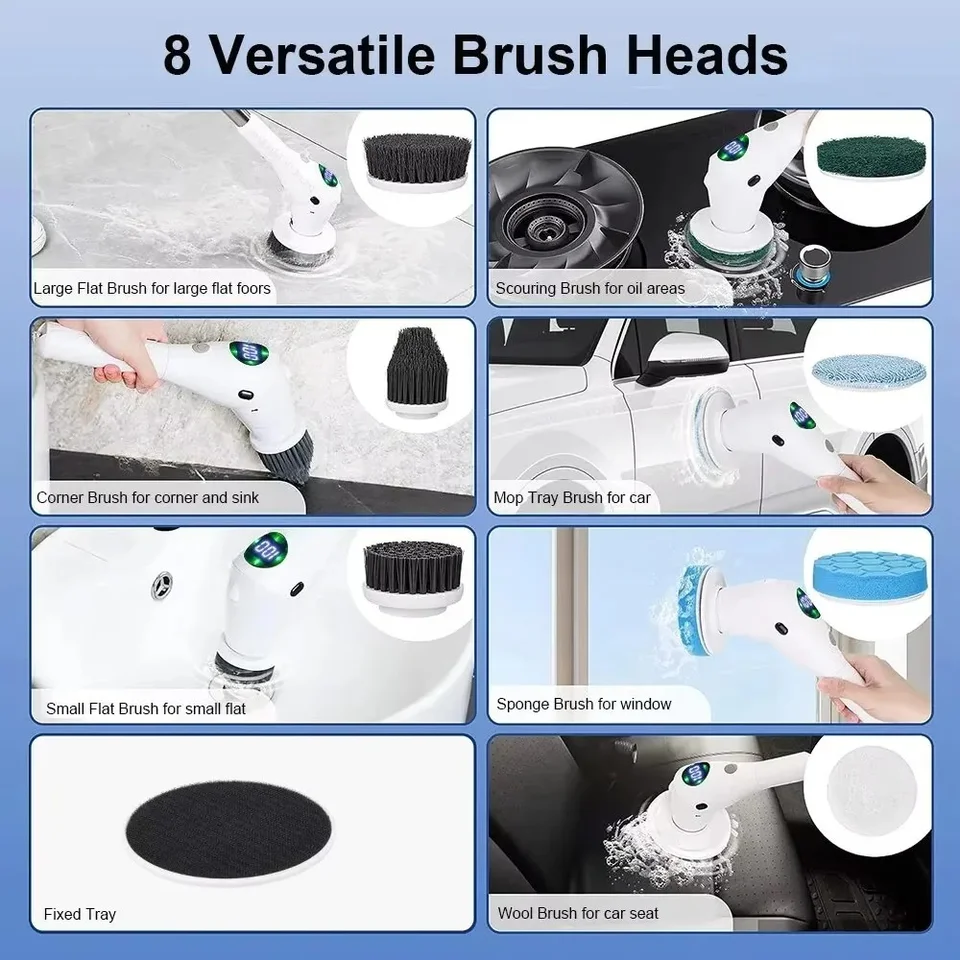 8-in-1 Multifunctional Electric Cleaning Brush Bathroom Kitchen Brush Cleaning With LED NightLight Rotatable Household Brush - Detail Angle #05