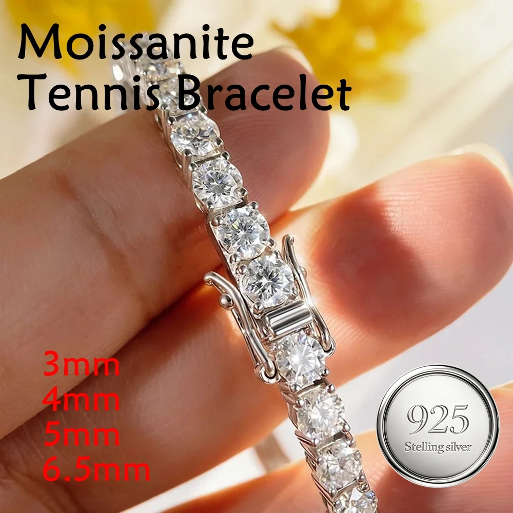 D Color VVS1 Moissanite Tennis Bracelet for Women 3/4/5/6.5mm Classic S925 Sterling Silver GRA Certified Bracelet for Men Chain