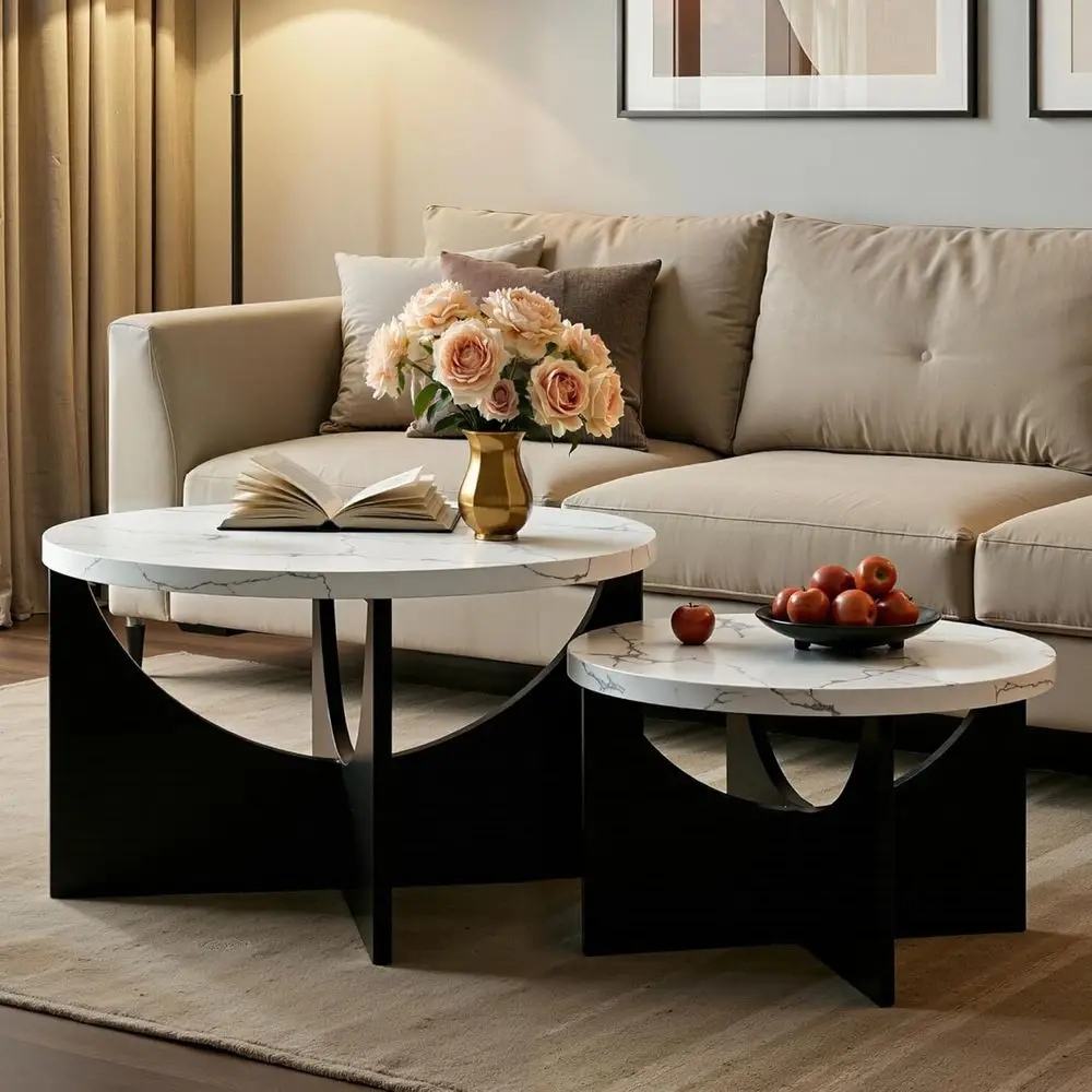 Coffee Tables Set of 2, 31.5 Round Side Tables for Living Room, Wooden End Table, Marble