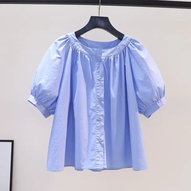 Fashion O-Neck Button Solid Color Folds Lantern Sleeve Shirts Female Clothing 2024 Summer New Loose Korean Tops Casual Blouses