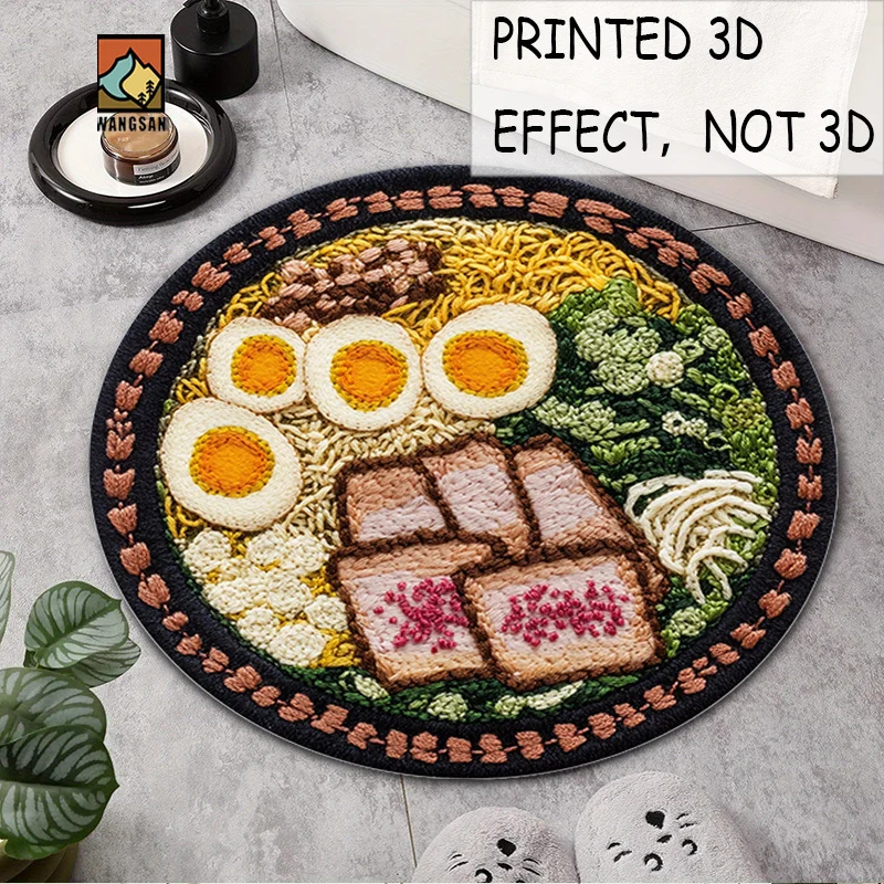 Ramen Bowl Pattern Round Rug Flannel Soft Home Decor Kitchen Dining Room Restaurant Cafe Non Slip Floor Carpet Food Theme Design