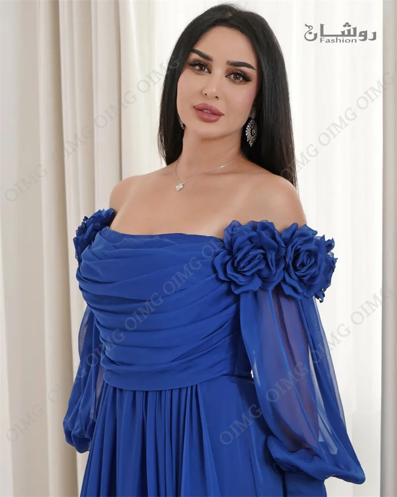 OIMG Royal Blue Chiffon Long Sleeves Evening Dresses Saudi Arabric Gogerous Prom Dresses Flower Prom Gowns Formal Occasion