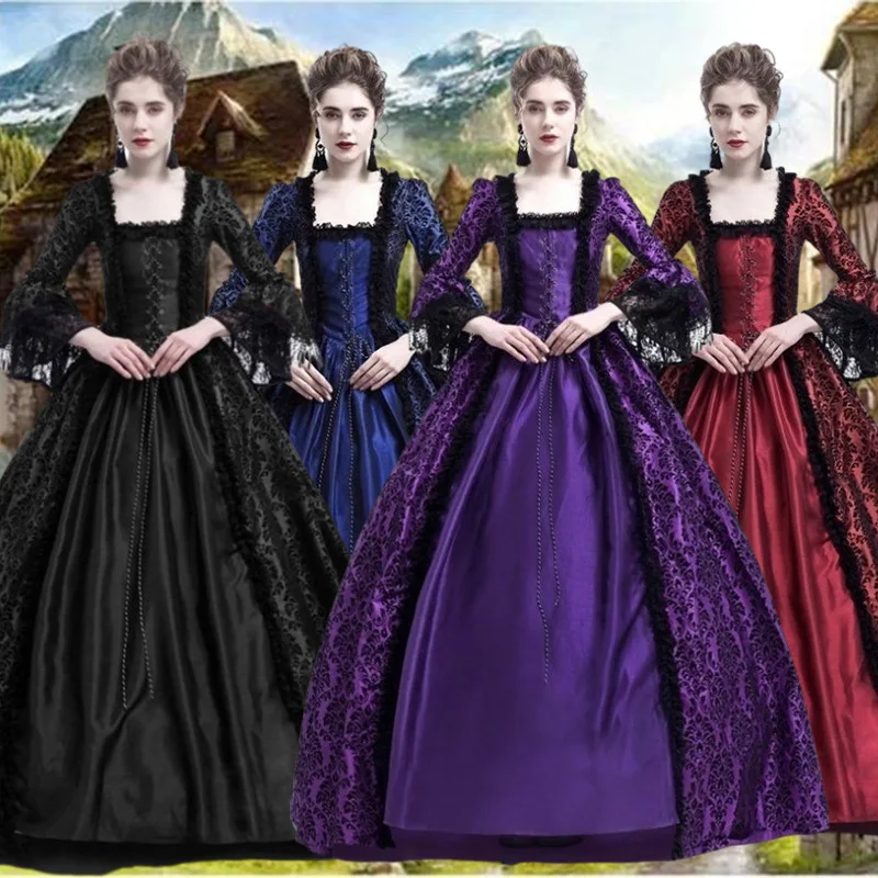 Women's Vintage Dress Medieval Victorian Court Lace Stitching Dress Gothic Long Sleeve Dress Cosplay Party Costume S-5XL