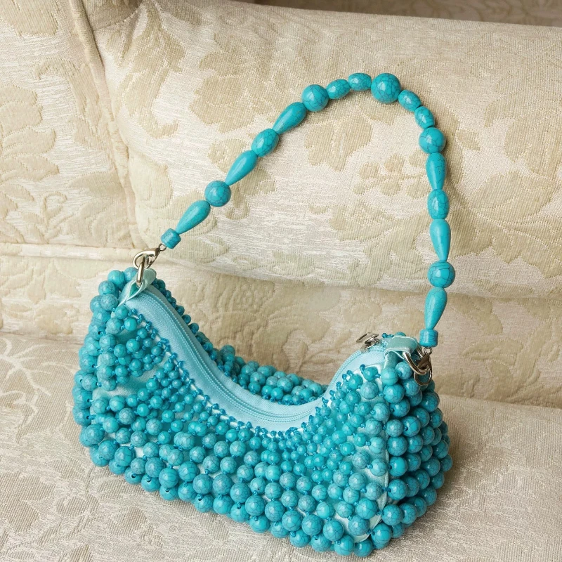 High Quality Fashion Beads Beaded Handmade Women Handbag Pearl Beading Satin Clutch Purse Wedding Party Banquet Bag Shoulder Bag