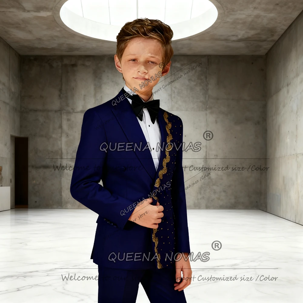 Trajes de lujo con perlas doradas para niño, chaqueta con doble botonadura personalizada, pantalones, 2 piezas, esmoquin para niño, traje de niño formal