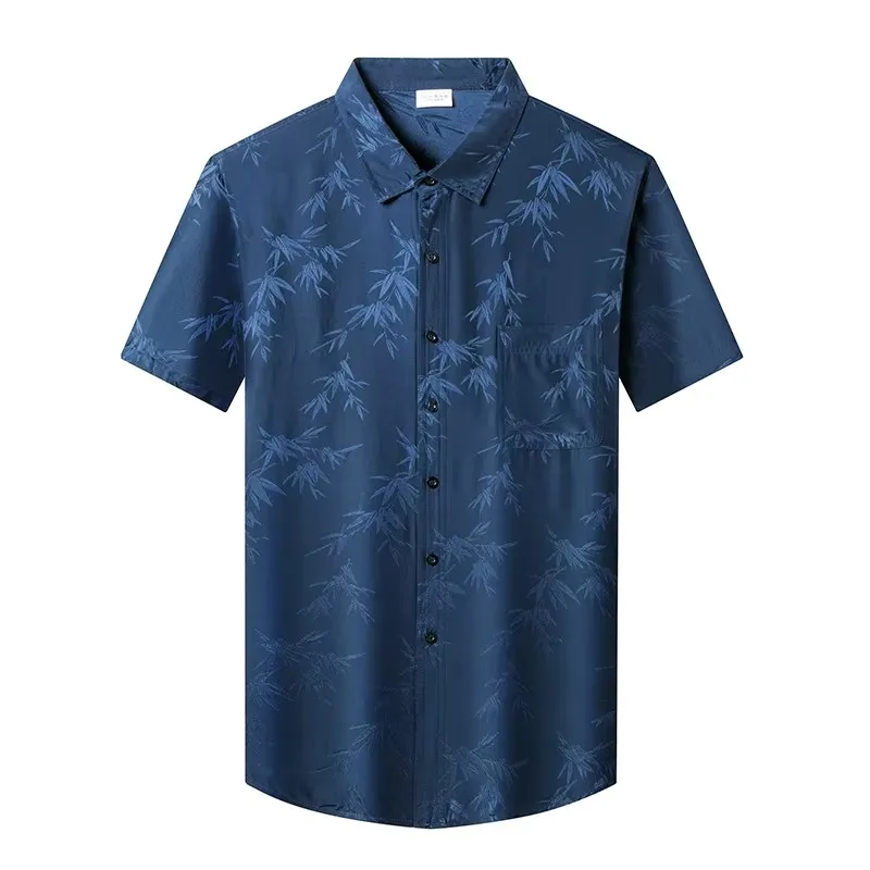 Bamboo Leaf Pattern Shirts For Men Short Sleeve Genuine Silk 100% Summer Quality Lightweight Coolness Jacquard Camisas De Hombre