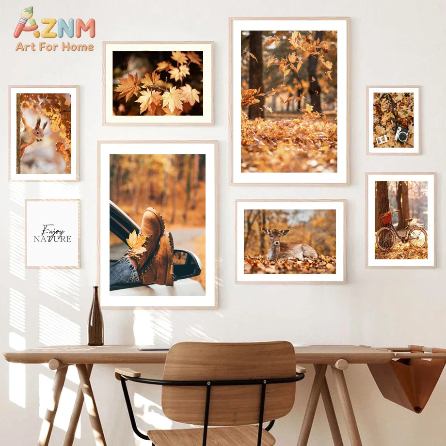 AZNM Autumn Maple Leaf Deer Canvas Wall Art, Orange Fall Forest Squirrel Bicycle Print, Frameless Warm Nature Seasonal Canvas Pa