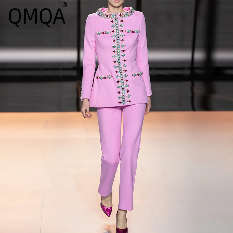 QMQA Fashion Women's 2 Piece Sets Spliced Nail Bead Diamond Jacket Coat High Waist Pants Set 2025 Female New Clothing 1A847