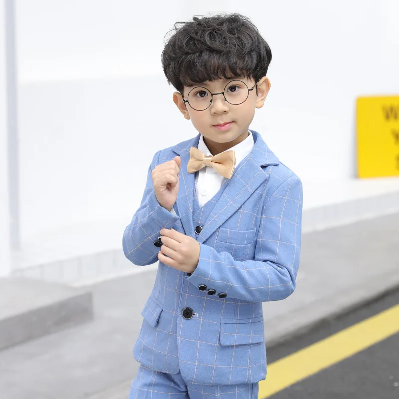 

Boys Formal Photography Suit Dress Brand Kids Plaid Blazer Vest Pants Wedding Clothing Set Children Performance Ceremony Costume