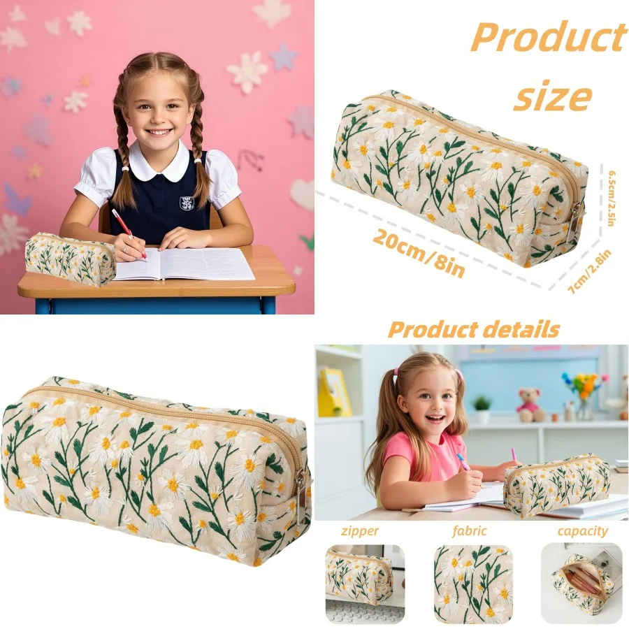 حقيبة أقلام رصاص جمالية لطيفة مع سحاب للفتيات - لوازم مدرسية بتصميم زهور الأقحوان وحقيبة مكياج مثالية للفصول الدراسية #1