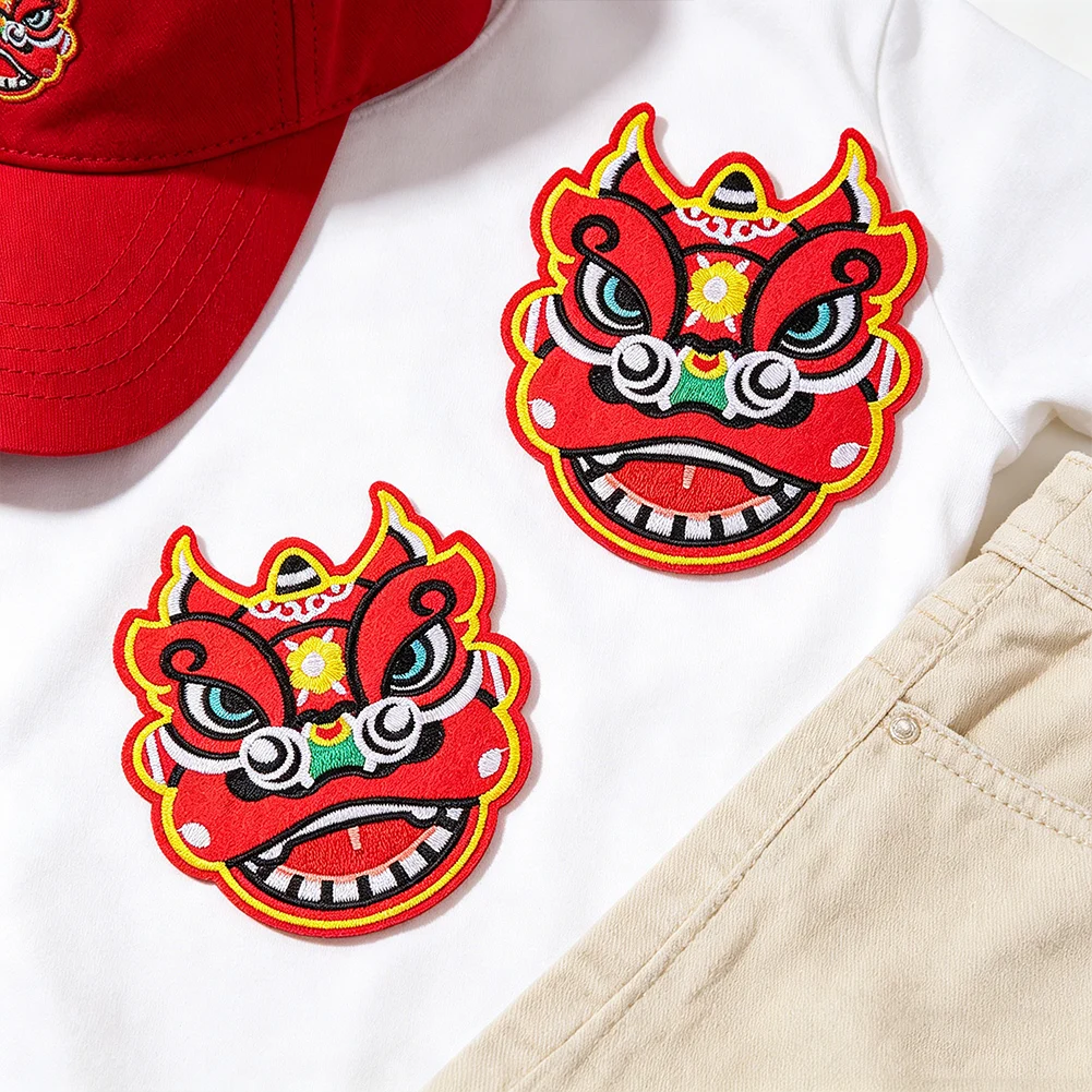 Chinesischer Löwentanz-Stickerei-Aufnäher zum Aufbügeln oder Aufnähen für T-Shirt, Hut, Tasche, traditioneller tanzender Löwenkopf, Abzeichen, Neujahrsgeschenk – Detail 4