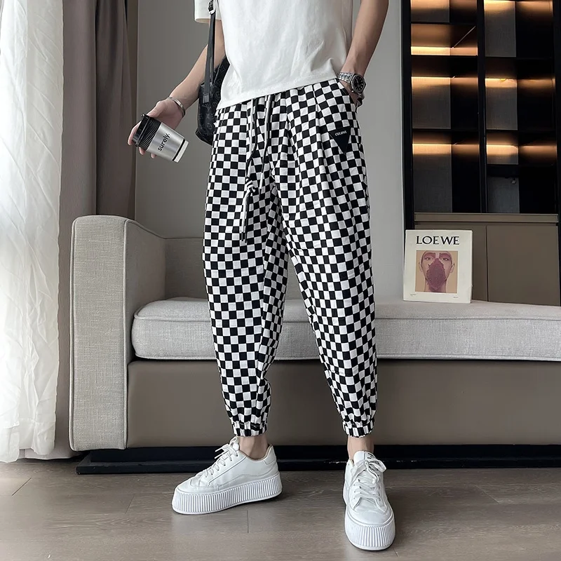 

Мужские летние новые брюки-шаровары в клетку, корейские спортивные брюки-джоггеры, укороченные брюки в стиле Харадзюку, облегающие повседневные брюки