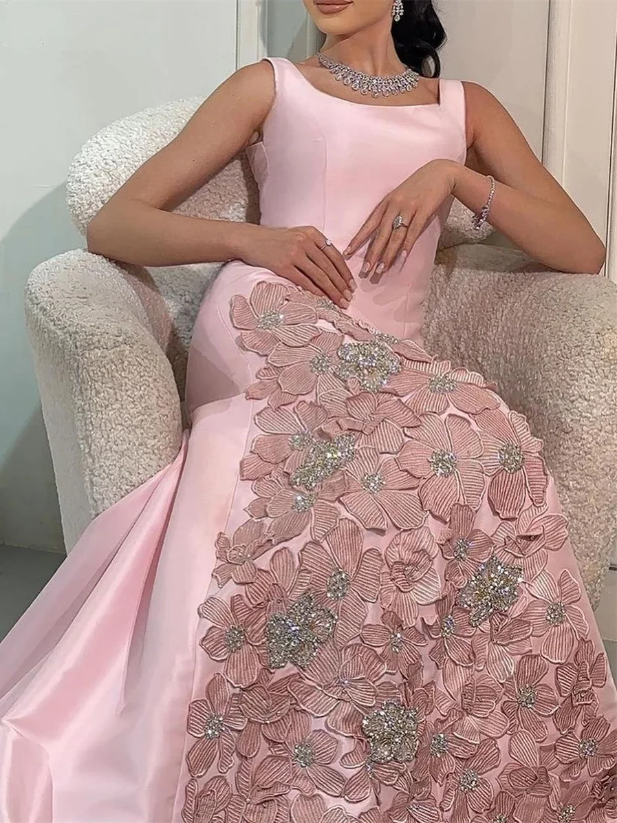 Oisslec Scoop فساتين السهرة Neck Sheath Beads 3D Flowers Satin Formal Occasion Evening Gown Arab Saudi فستان حفلة موسيقية