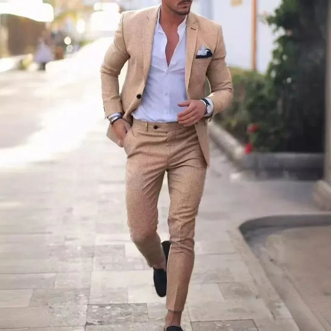 Casual Linen Tuxedo Suits for Men 2 Pieces Blazer and Pants Set Notched Lapel Men\'s Suit for Wedding Summer Beach Prom Party