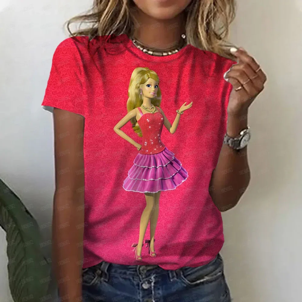 2024 T-shirt da donna nuova a maniche corte Barbie Cartoon Primavera ed estate Casual Girocollo Stampato Dea T-shirt stile semplice