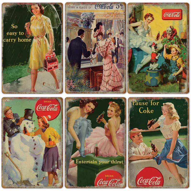 Vintage Cola Logo Metal Poster Retro Decorative Cola Tinplate Plaque Wall Frameless Decoration Suitable for Cafe Restaurant Bar