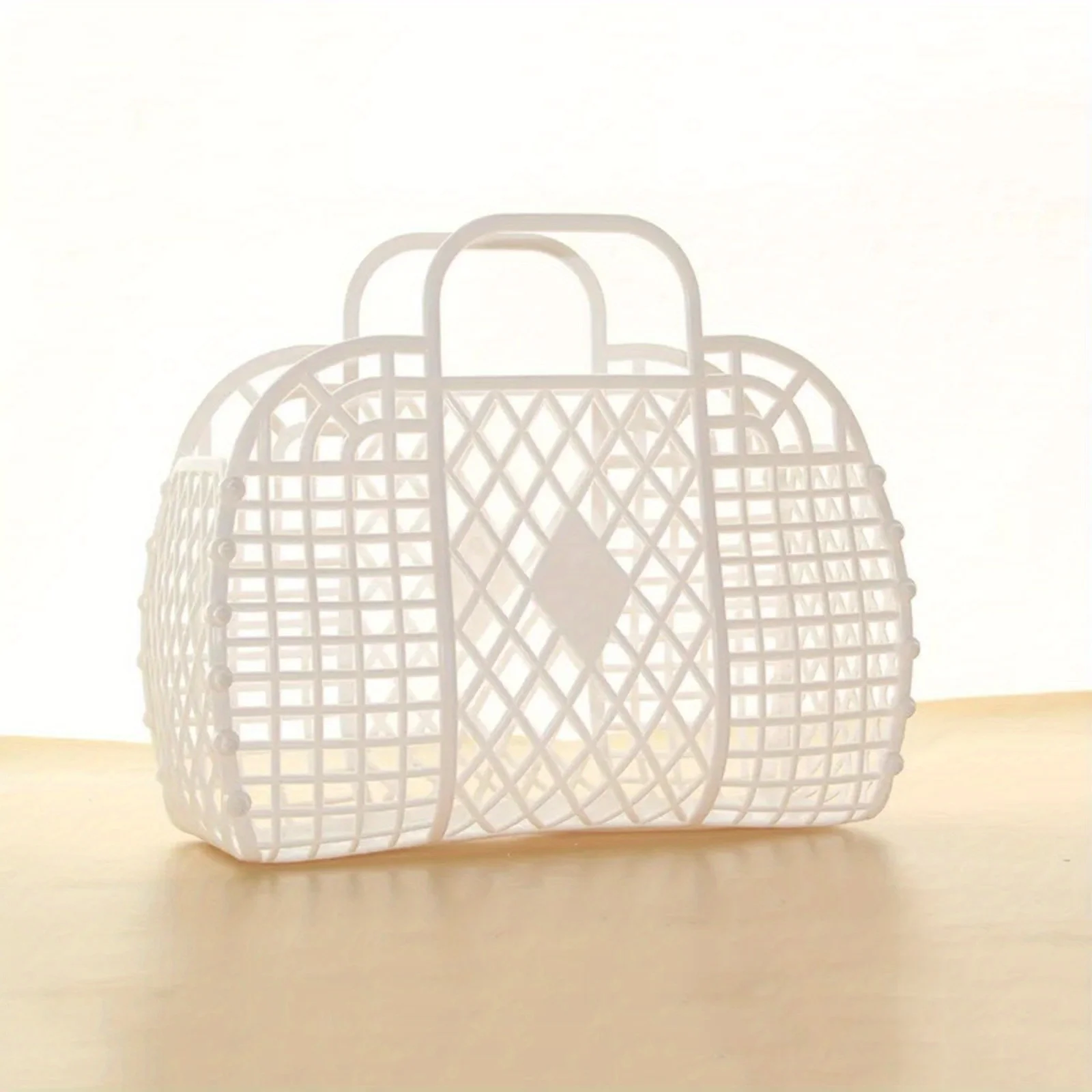 Collapsible Plastic Storage Basket Bag, Casual Open Travel Cosmetic Organizer with Dual Handles Design, Beach Bag