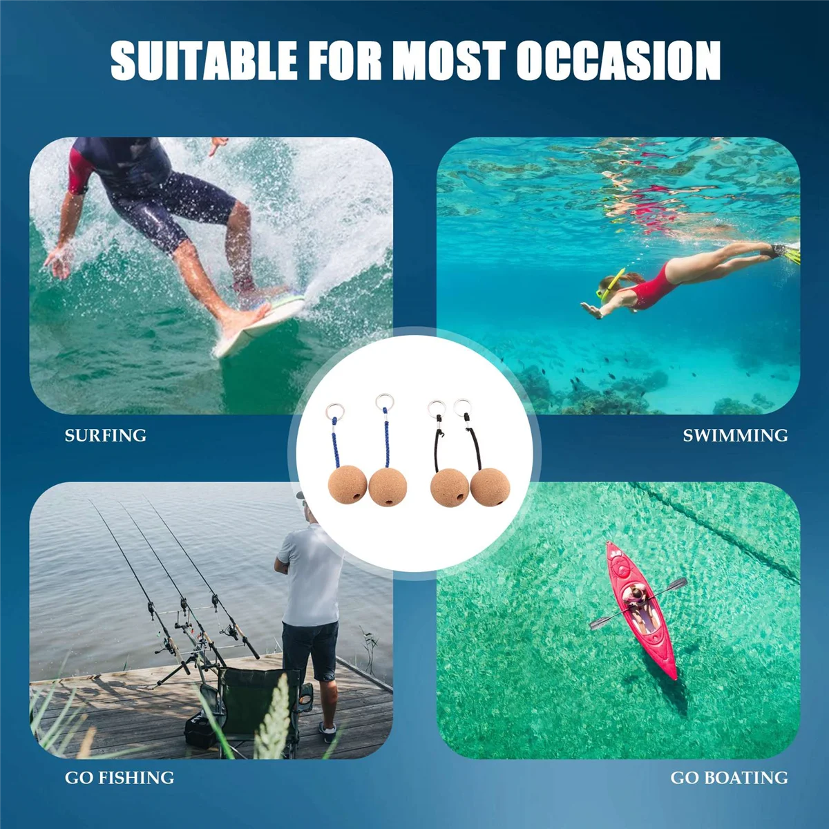 4Pcs Floating Cork Ball Keyrings,50mm Key Float Water Sport Accessories for Surfing Swimming Diving Fishing Sailing Boat