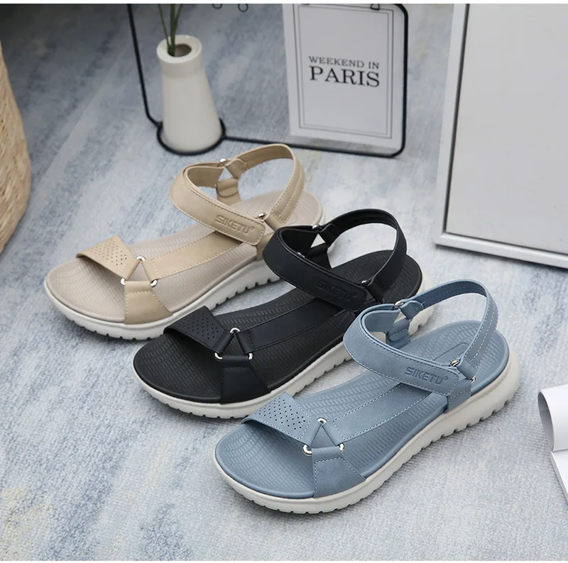 SIKETU Brand Summer Fashion Flat Heel Sandals Women Novelty Cut Out Vamp Adjustable Buckle Daily Shoes Hook Loop Beach Soft Blue