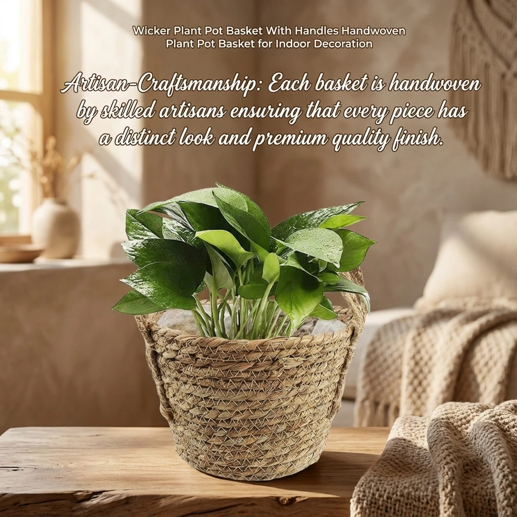 Natural Wicker Plant Pot Basket with Handles Handwoven Planter Cover for Indoor Desktop Decor Home Office Cafe Use Toys Storage