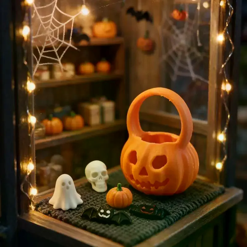 Mini Dollhouse Decor Set Realistic Pumpkin Basket Ghost Skull Figurines For DIY Tabletop Display Halloween