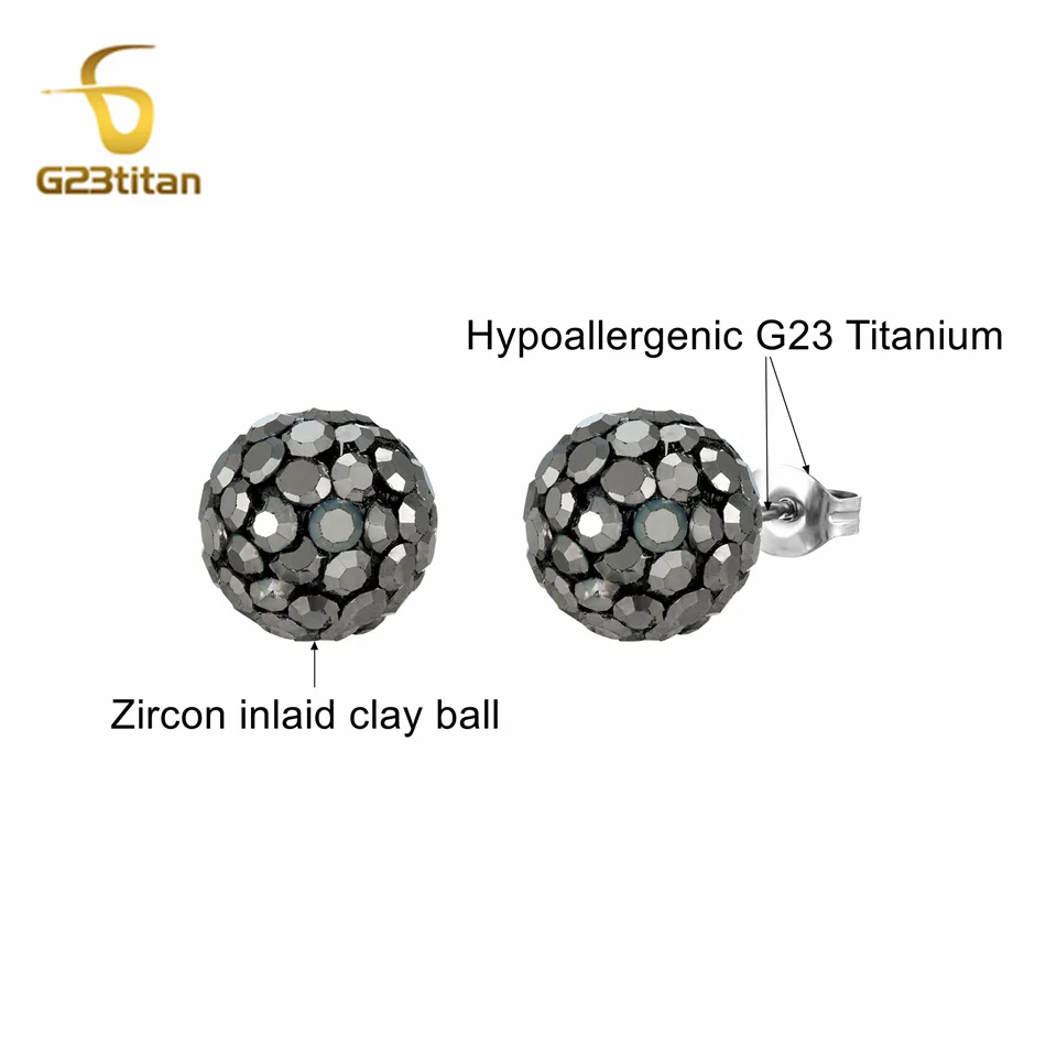 Grey Crystal Clay Ball Bead Earrings for Men Teen Hypoallergenic Titanium Piercing Jewelry Classic Women Man Accessories Present