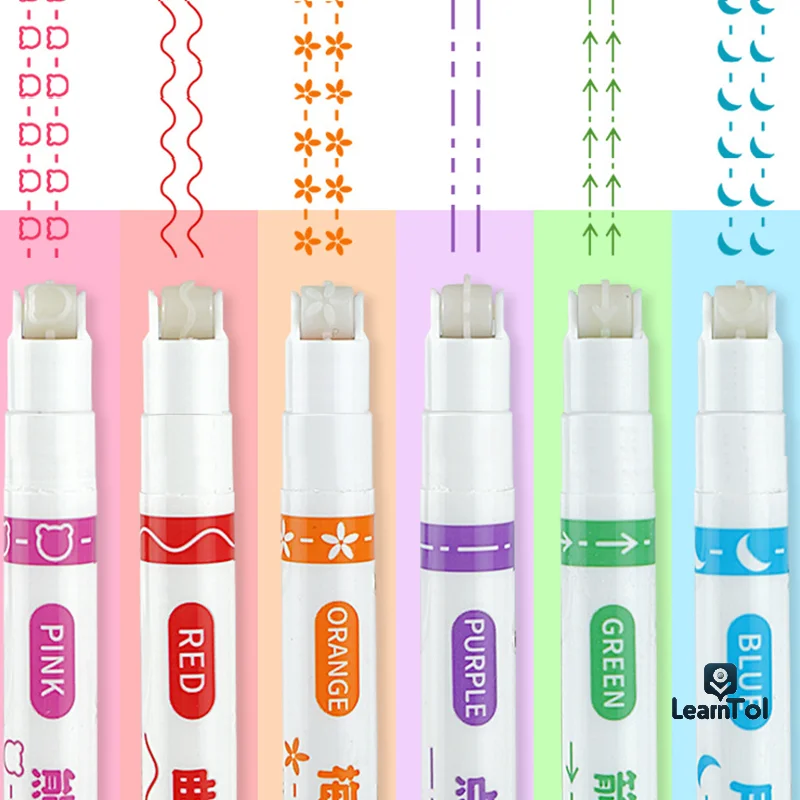 6pc Curve Highlighter Marker Pen Linear Pencil Lace Roller Tip Multiple Line Shapes Colorful Drawing Graffiti Art Tools