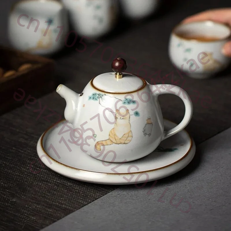 

Traditional Ru Kiln Ceramic Teapots Handmade Cute Cat Pattern Kettle Travel