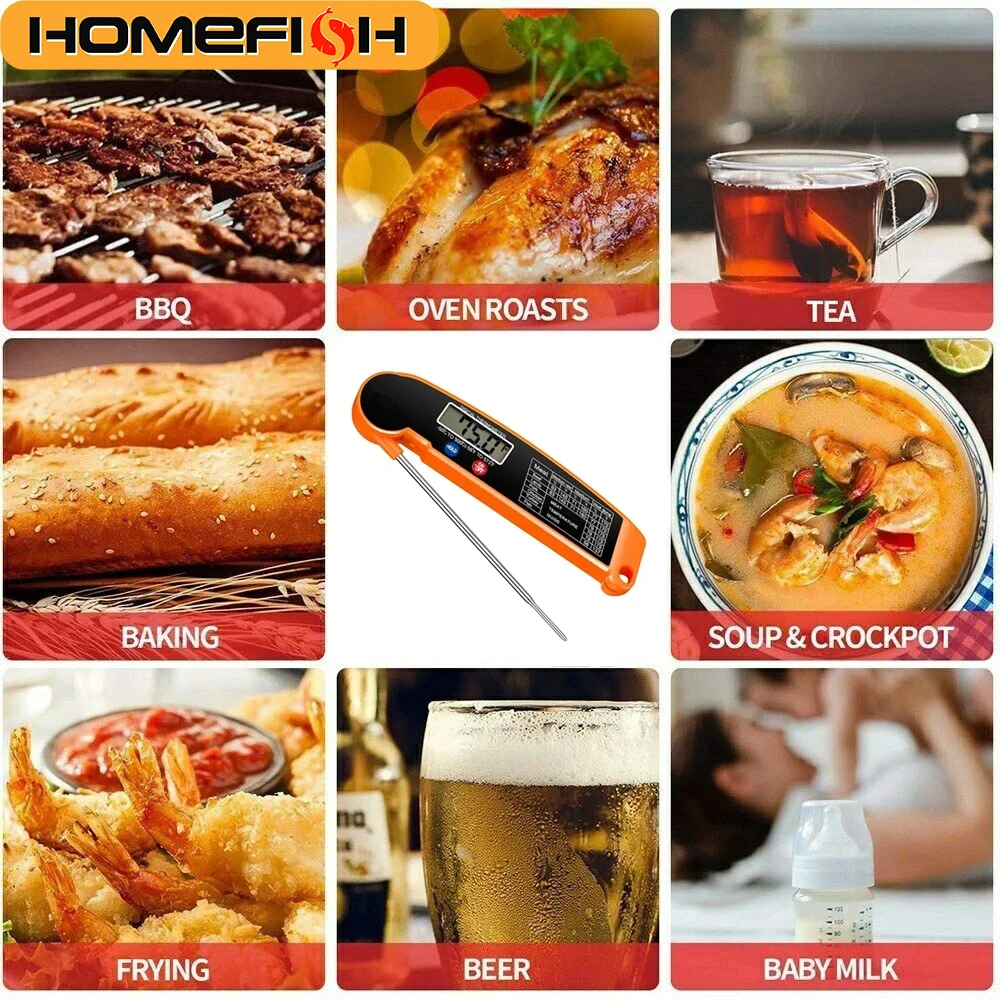 Foldable Digital Food Thermometer - Probe for Meat/Water/Milk/Fry/BBQ, Oven Temperature Gauge, Kitchen Cooking Tool