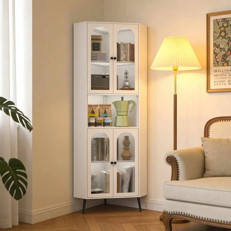 White Corner Storage Cabinet with Doors and Adjustable Shelves – Space-Saving Organizer for Entryway, Bathroom, Bedroom, Dining Room, Living Room, Office