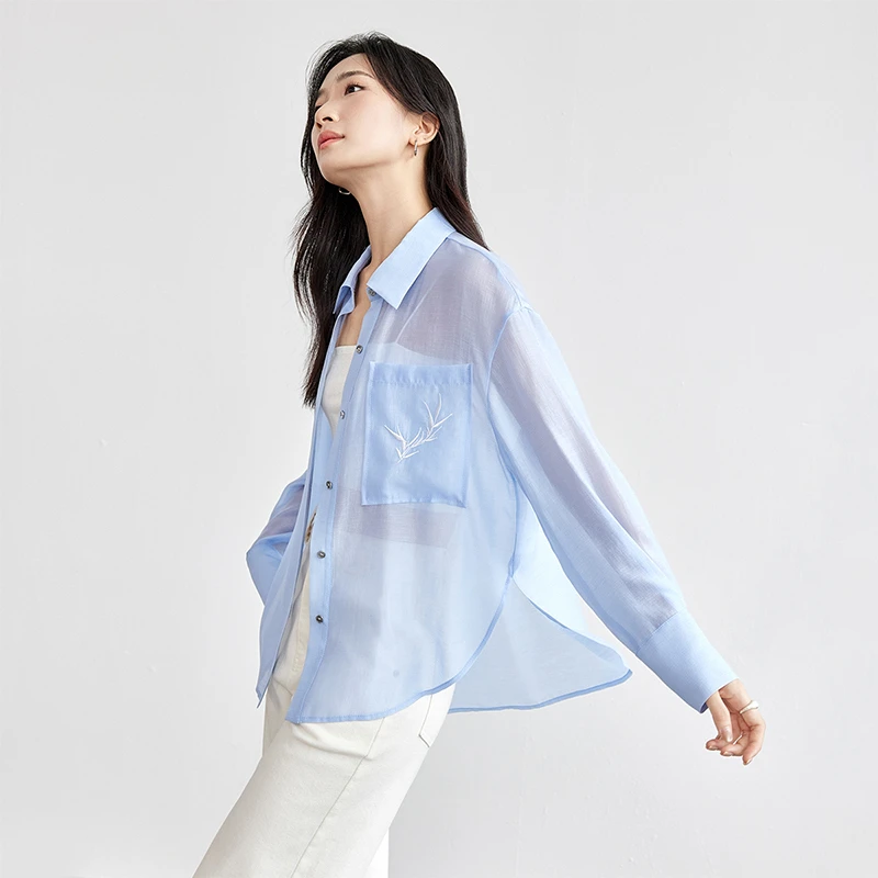 

SENTUBILA женская повседневная черная рубашка из лиоцелла, весна-осень 2023, свободная однотонная одежда с вышивкой бамбукового листа 143C56290