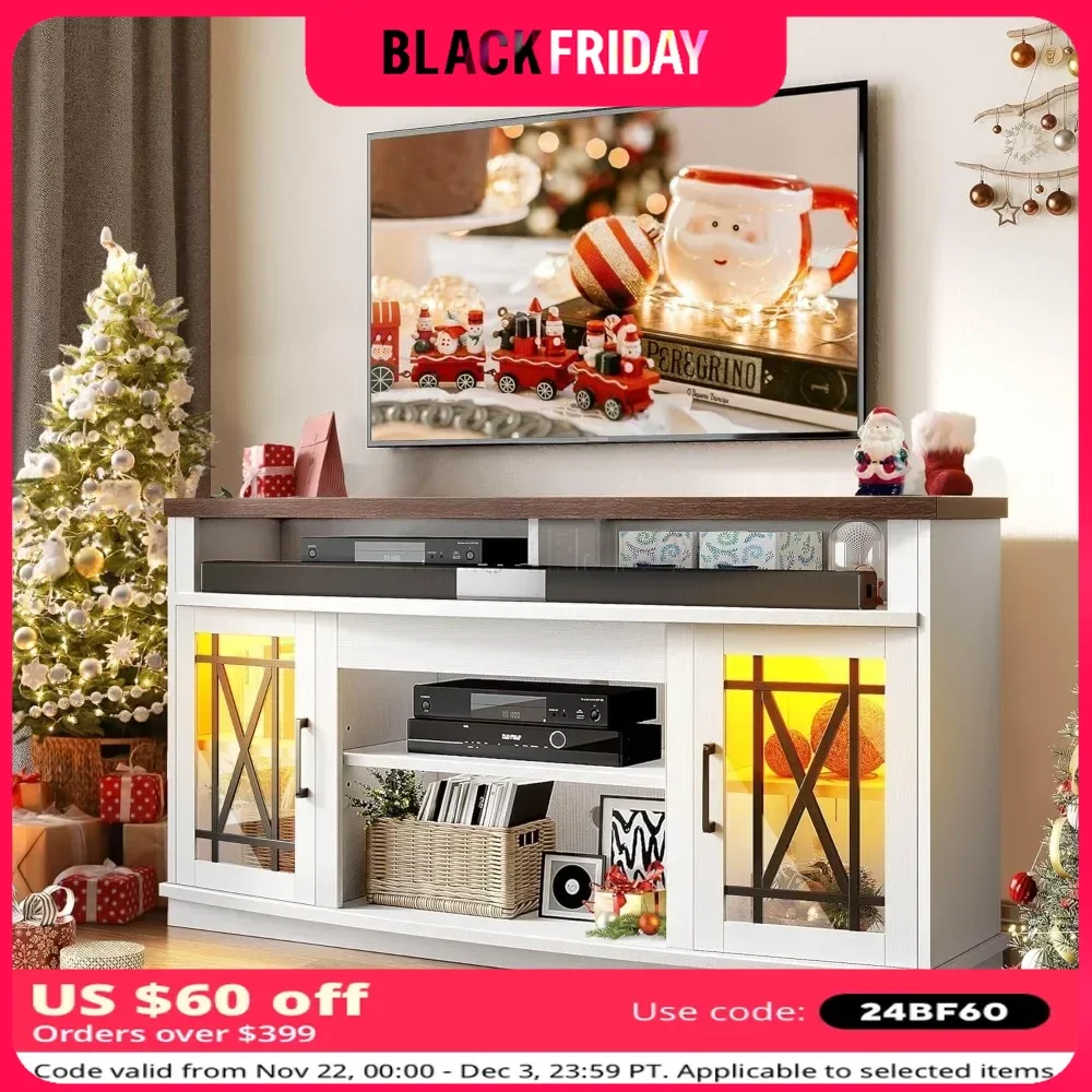 59 Inch TV Stand for 65 55 Inch with Adjustable Shelves and Glass Doors, Modern 32'' Tall LED TV Media Console Table