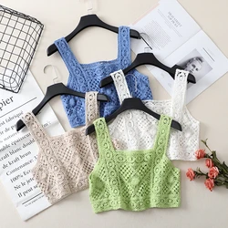 Square Collar Cotton Crochet Tank Top Sexy Knitted Hollow Out Mesh Vest Crop Top Women Femme Vintage Backless Short Tops Female