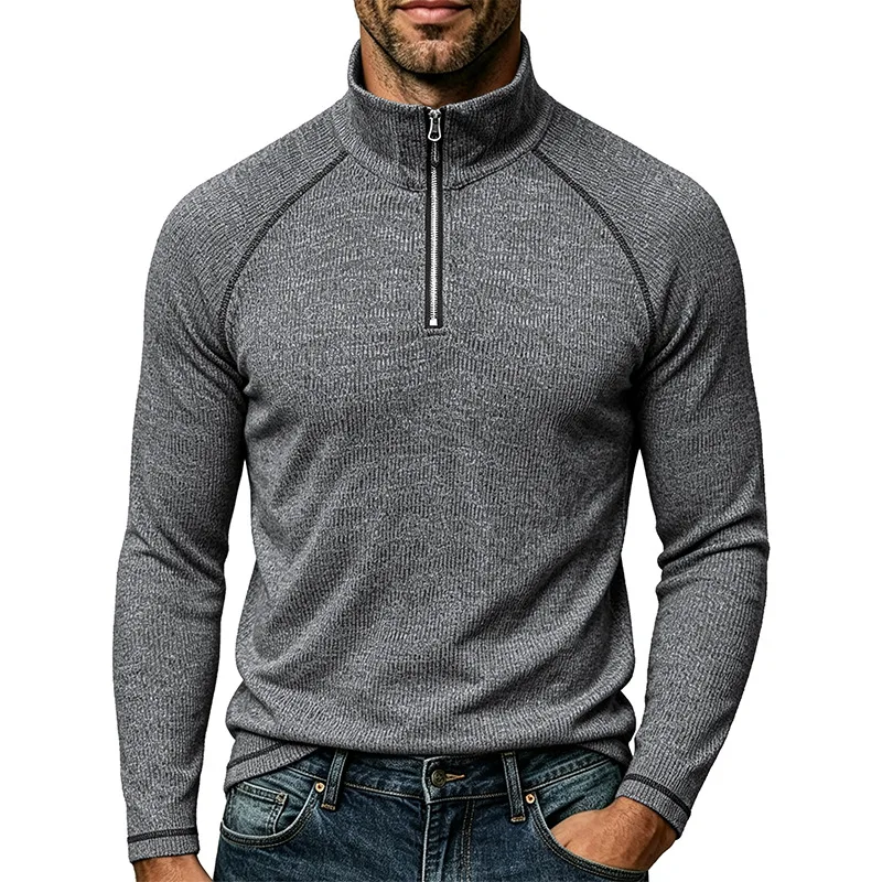 2026 Autumn New Men's Sports Turtleneck Long-sleeved Threaded Bottoming Shirt Semi-zipper Casual Sweater