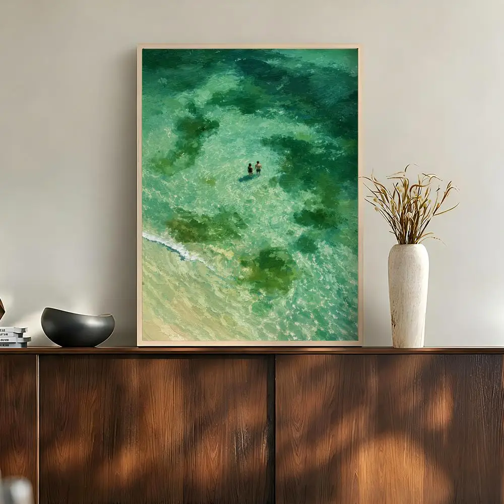 Aerial Turquoise Ocean Swimmers Tropical Lagoon Photography Poster Modern Aesthetic Wall Art for Home Bar Cafe Bathroom Decor