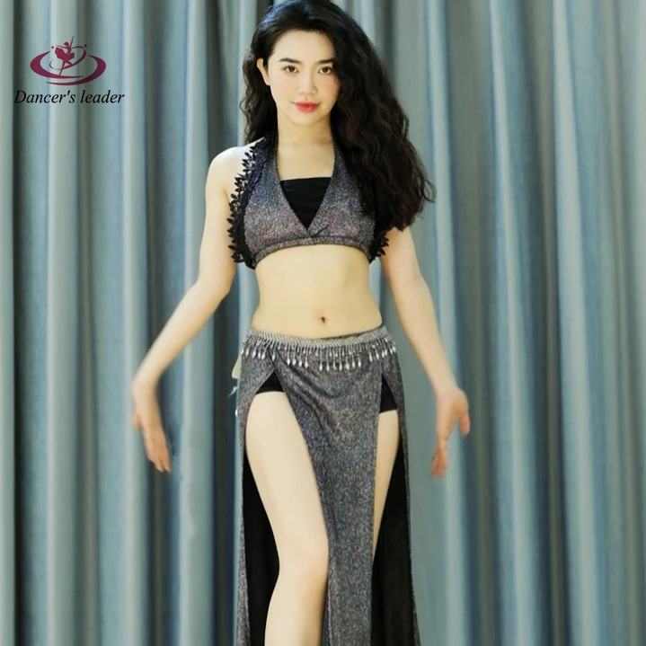 Vestido de práctica de danza del vientre, traje de costura de dos colores, Top de encaje pequeño, vestido Sexy, borla dividida, vestido largo