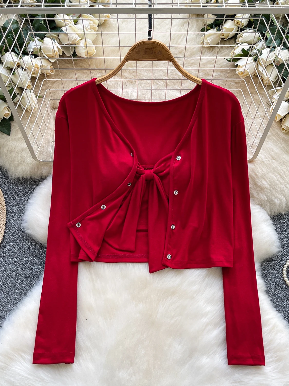 

2026 New Autumn Women V-neck Long Sleeve Short Cardigan Tops + Sexy Twisted Design Lace Up Bow Strapless Vest 2-piece Set