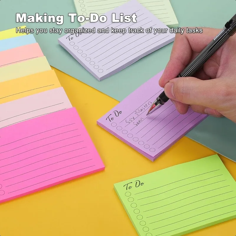 5팩(1팩=50매) 스티키 노트-다양한 색상, 날짜 표시, 일일 작업 계획을 위한 줄이 있는 할 일 노트 문구류