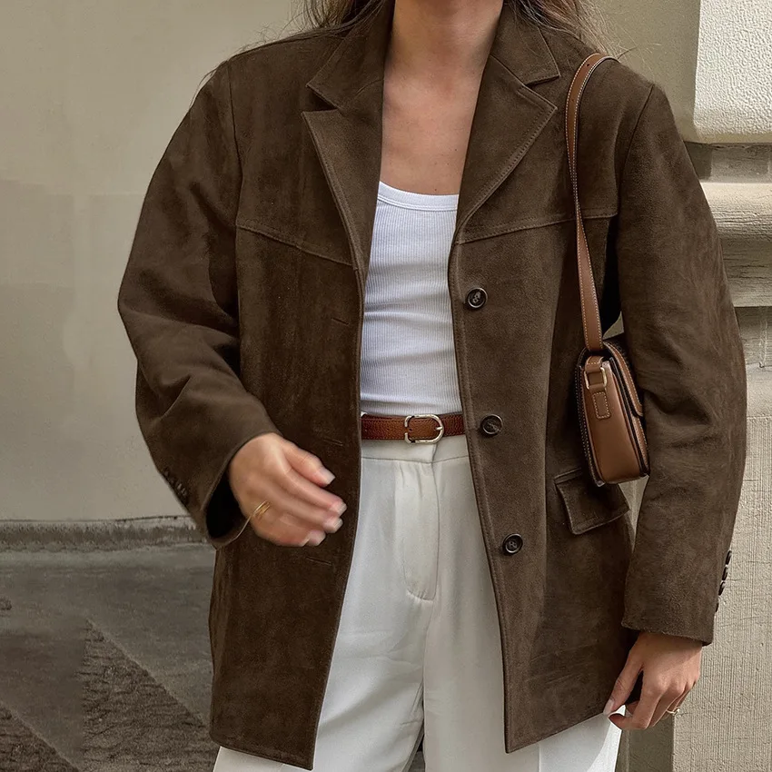 

Vintage Suede Blazers Coat Women Loose Lapel Single Breasted Long Sleeve Pockets Jacket 2024 Autumn New Lady High Street Outwear