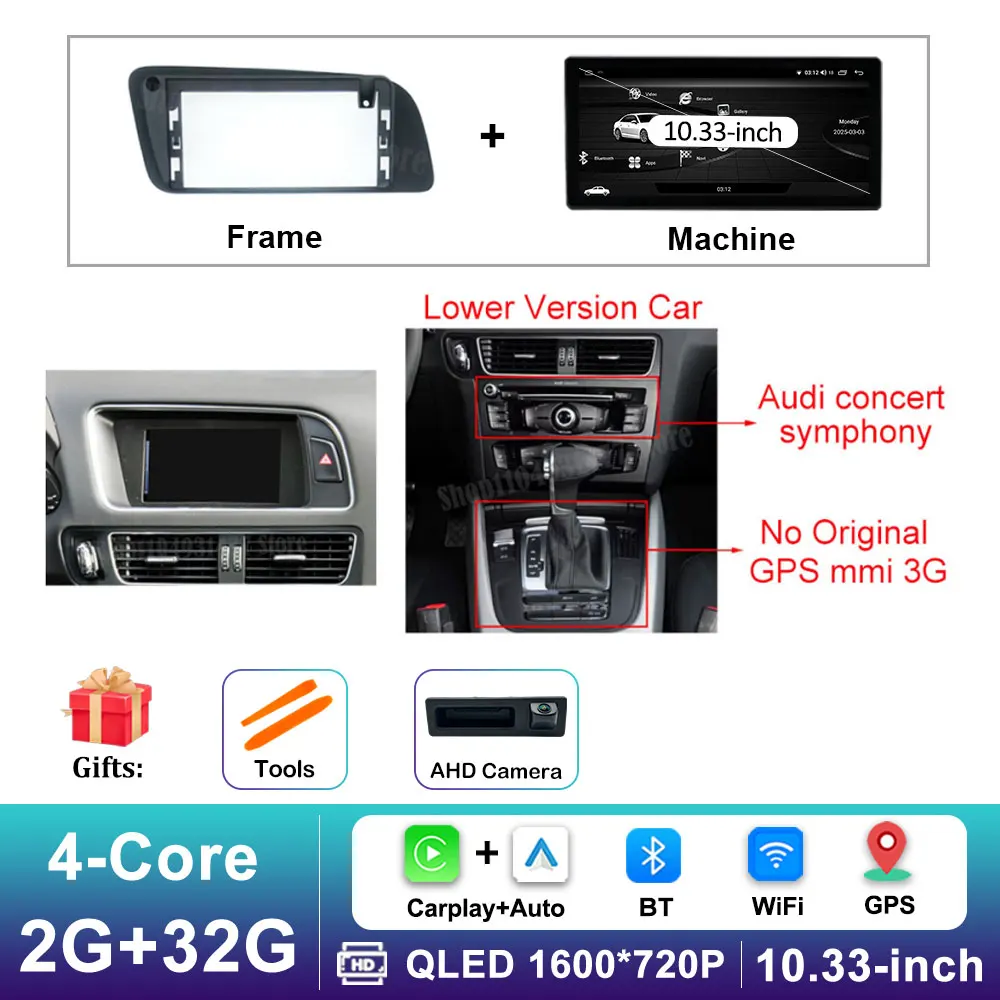 12,3 inch GPS Navigatie Draadloze Carplay Android 16 voor Audi Q5 2009 - 2017 BT Auto Multimedia Video Radiospeler 4G Auto Gereedschap