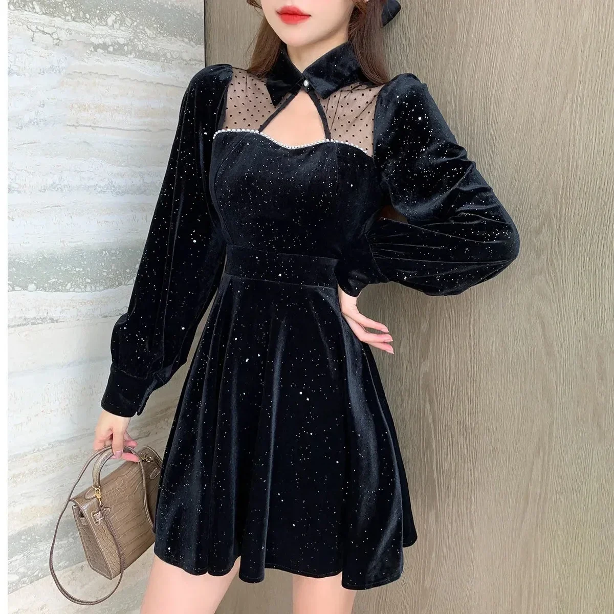 Vintage Samt schwarz Kleid stehen Hals Laterne Ärmel Party Robe hohe Taille schlanke Vestidos koreanische elegante Kleid Frauen